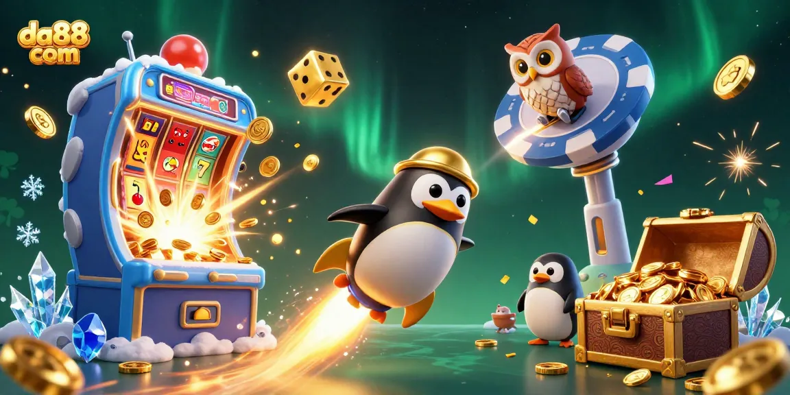 Experience the thrill of gaming with da88 com, featuring a golden penguin in a vibrant casino space scene.