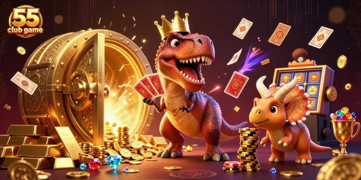 Engage with the 55 club game featuring T-Rex and friends amidst sparkling riches and winning cards.