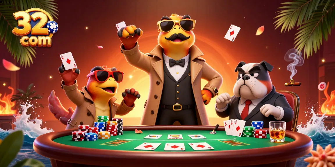 Win at 32win com with 3D cartoon raptors entering a VIP casino scene filled with poker action.