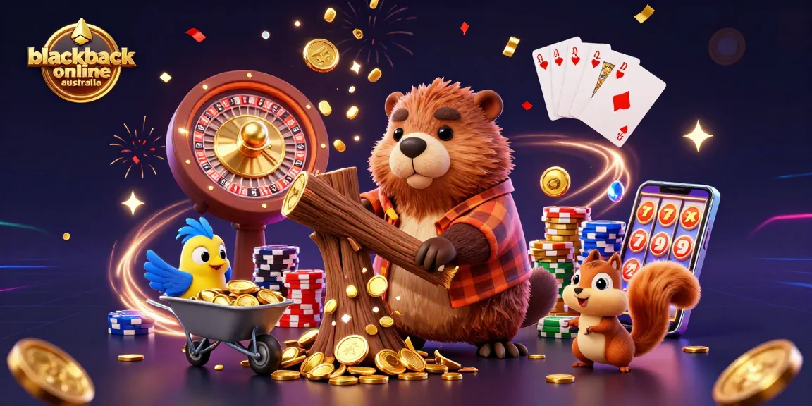 Engaging scene of blackjack online Australia, featuring cartoon characters winning with golden coins and chips.