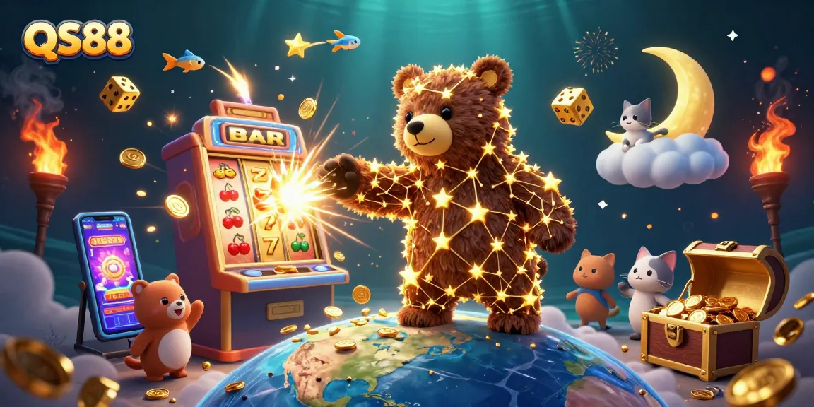 Engaging QS88 slots scene depicting a constellation bear, jackpot machine, and vibrant casino elements.